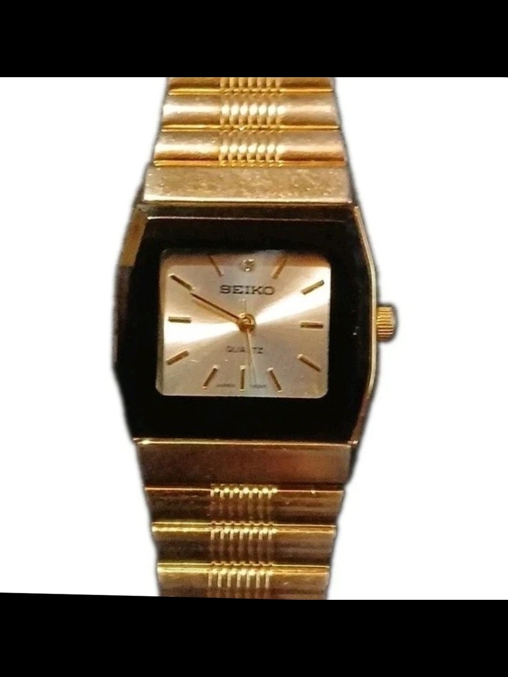 ​Vintage Seiko V701-1K03 Men's Quartz Watch Gold Tone Black Bezel Bracelet